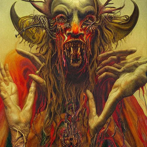 Image similar to the concept of self - loathing, the demon within, airbrush art, shamanic dmt horror art, by edwin austin abbey