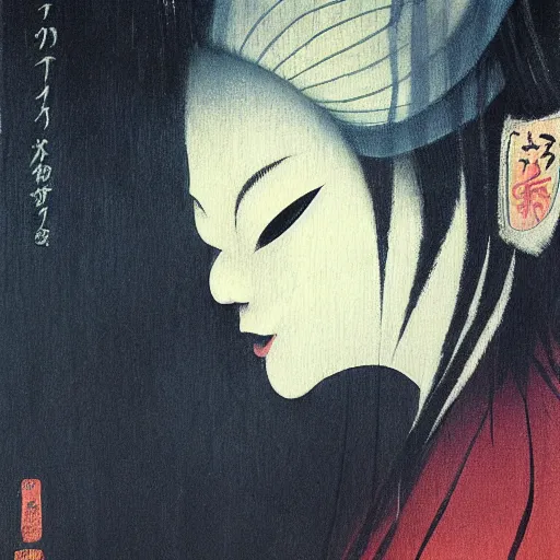 Prompt: painting of takaonna yokai, misty night, beautiful! coherent! by brom, deep colors, strong lines, high contrast