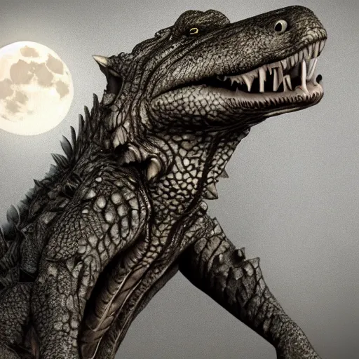 Image similar to Furred crocodile with a wolve's head, concept art, illuminated by full moon, professional photoshop artwork, highly detailed, single subject