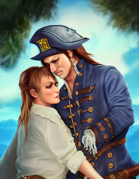 Image similar to couple in love. fully clothed armed female pirate captain, rachel wall, with a male pirate partner, sun, summer, blue eyes, beauty, wisdom, love, strength, knowledge, smart, portrait, symmetrical, highly detailed, digital painting, artstation, smooth, sharp focus, illustration, strength, latino art. 8 k