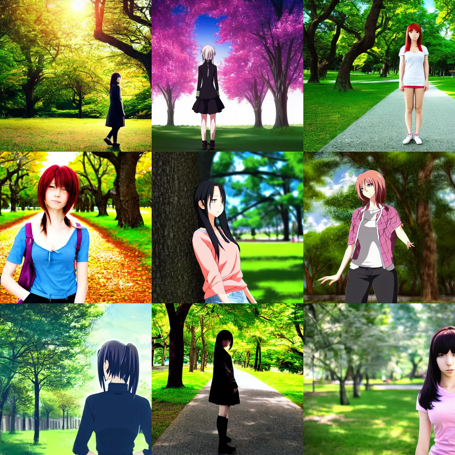 Prompt: high quality anime-style image of woman standing in a park, HD