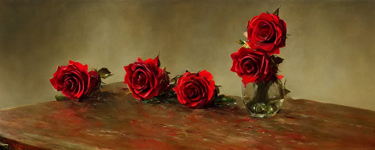 Prompt: a single red rose is on a wooden table with subtle carved filigree and drops of blood, scattered emeralds, close up view, dramatic lighting, DOF, soft, sharp focus, art nouveau, intricate artwork by Ruan Jia and Greg Rutkowski