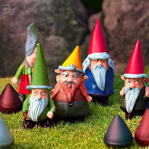 Image similar to garden gnomes bilbo's birthday party, gandalf, fireworks, frodo, pippin, merry, cute, tilt shift, award winning, highly textured