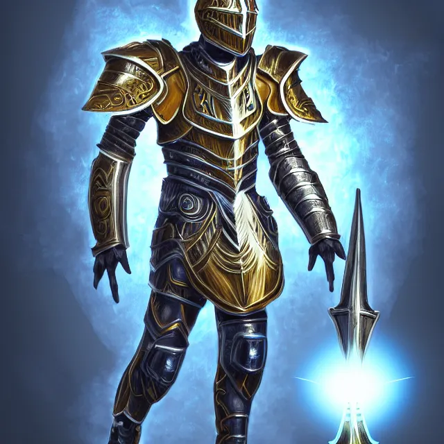 Image similar to digital realistic painting of a futuristic magicpunk intricate armor holy paladin with light powers, highly detailed, 4 k, hdr, smooth, sharp focus, high resolution, award - winning photo