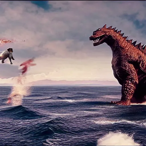 Image similar to gigantic 1 0 0 meters beagle fighting with godzilla over the sea, epic cinematic, 4 k, very high detail