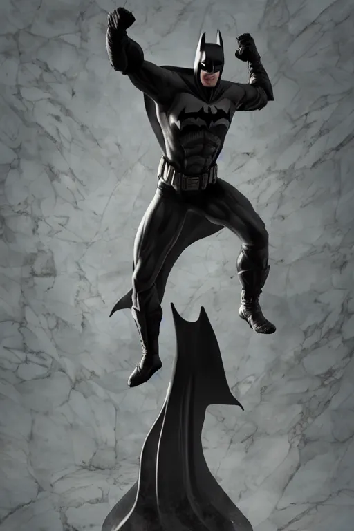 Prompt: batman carved from translucent jade,, the dark knight, frank miller, dynamic pose standing on a marble pedestal, intricate details, intricate textures, warm lighting, vivid colors, smoke and mist, realistic octane render, hyper realistic render, volumetric shading, depth of field, raytracing, 8 k,