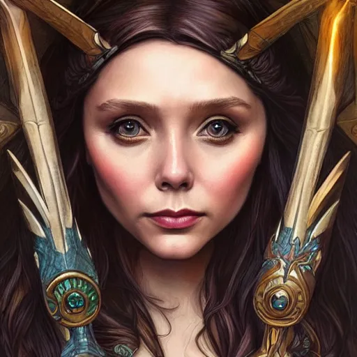 Image similar to Elizabeth Olsen as a elf archer, cute, fantasy, intricate, elegant, highly detailed, centered, digital painting, artstation, concept art, smooth, sharp focus, illustration, art by artgerm and H R Giger and alphonse mucha