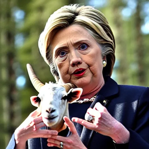 Prompt: hillary clinton wearing a goat head at the bilderberg meeting in the forest