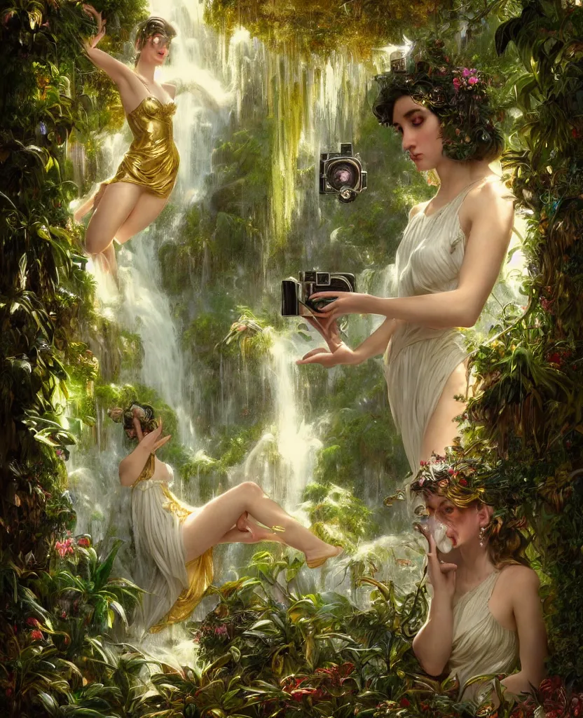 Prompt: hyper realistic photographer looking through a vintage medium format camera, magic pouring from lens, fantasy castle, full body waterfall dress, design on white background, beautiful details, lush foliage cyberpunk, gold, drawn by john singer sargent, tom bagshaw, norman rockwell, alphonso mucha, lolish, trending on artstation