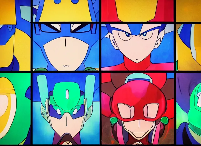 Image similar to 3 rows of 3 framed closeup colorful anime face portraits of cute evil robots from mega man, inspired by osamu tezuka, with a futuristic robotic background.