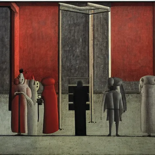 Prompt: a some people waiting in a lone bus stop in quiet dark city night Painting by Piero della Francesca, Morandi, Yves Tanguy, high quality, high resolution,detailed