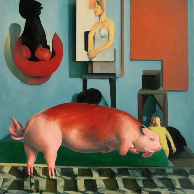 Image similar to a female art student in her apartment, sculpture work in progress, pig, pomegranate, acrylic on canvas, surrealist, by magritte and monet