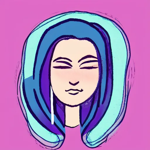 Image similar to illustration of a woman with pink hair and purple eyebrows in the style of natalie foss