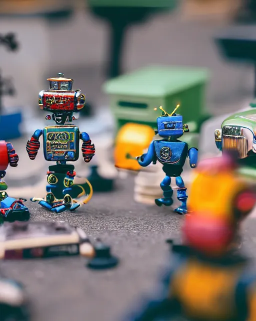 Image similar to high quality presentation photo of a a detailed miniature diorama of retro toy robots invading a detailed model of a 1950s town, photography 4k, f1.8 anamorphic, bokeh, 4k, Canon, Nikon