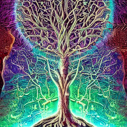 Prompt: microcosm, dreamlike, psilocybin, lysergic acid diethylamide, consciousness meets psilocybin and dances around the tree of life, lysergic acid diethylamide, introspective, life in the universe, biology, mythology, dreamlike, hyper real, intricately detailed, high fidelity render, high octane finish