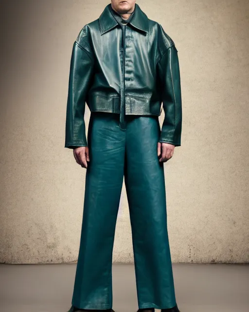 Prompt: an award - winning photo of a teal cropped extremely baggy ancient medieval designer menswear leather jacket with an oversized large collar and baggy bootcut trousers designed by alexander mcqueen, 4 k, studio lighting, wide angle lens