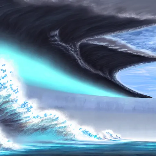 Prompt: giant tsunami wave that is 20 miles high, about to crash into a small coastal town. digital painting, higly detailed, photo realistic, intricate, large scale