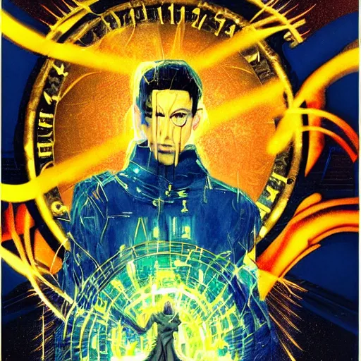 Image similar to portrait of the hacker cyberpunk magician in a dramatic jojo pose tarot card, golden blue outfit, oil on canvas by dave mckean and ryuichi sakamoto