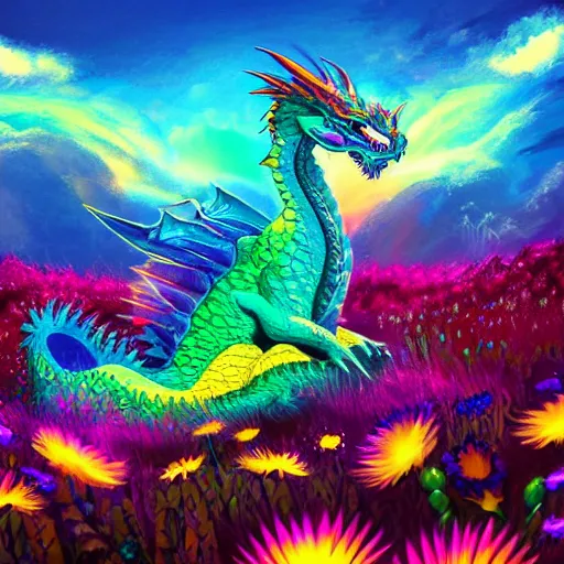 Image similar to rainbow dragon sits on a large pile of gold and gems in a field of daisies, blue clear sky, neon color, highly detailed, digital painting, artstation, concept art, matte, sharp focus, impressionnisme