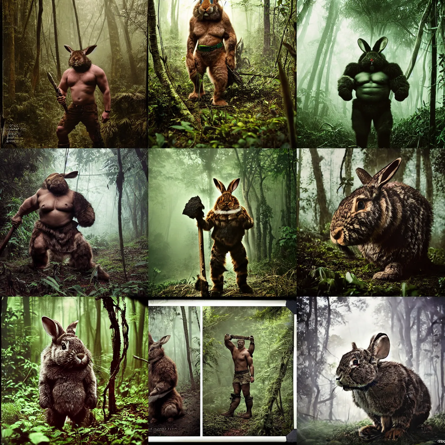 Prompt: photograph by discovery channel! full shot!! armored hulked oversized barbarian rugged rabbit, fog, in deep jungle forest jungle, overcast!!! cinematic focus, polaroid photo, vintage, neutral colors, soft lights, foggy, by steve hanks, by serov valentin, by lisa yuskavage, by andrei tarkovsky