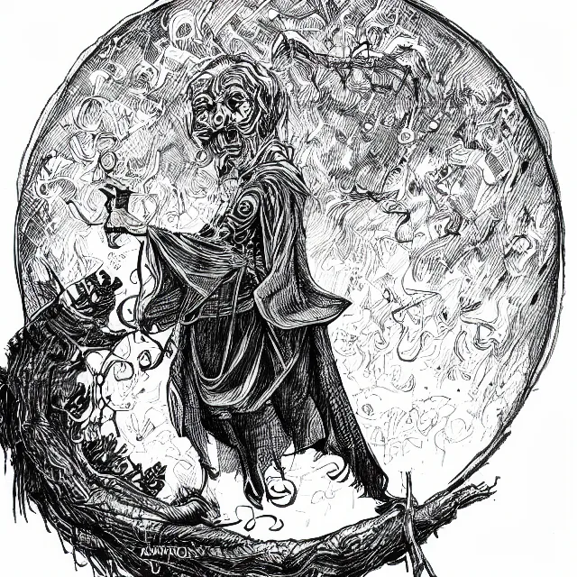 Image similar to black micron pen illustration, a wizard pondering an orb, white background, inktober, highly detailed, artstation hd