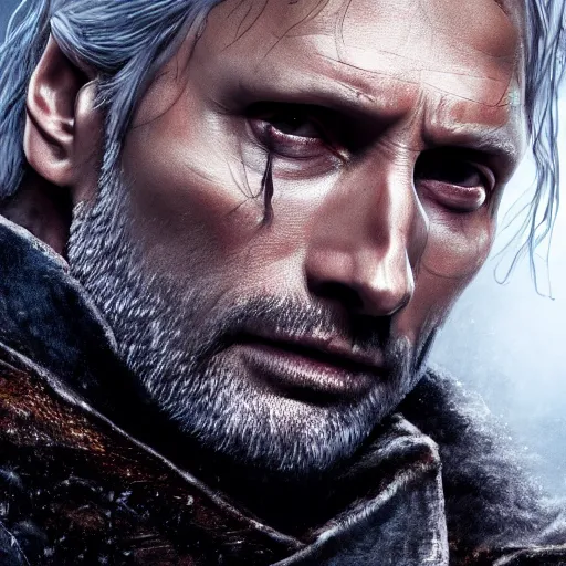 Prompt: mads mikkelsen as Gerald The witcher, concept art, high definition, professional photography, 8k