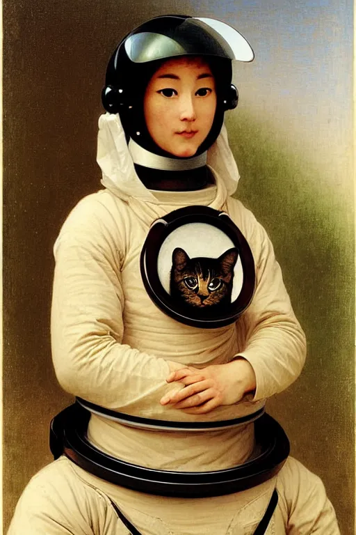 Image similar to portrait of a cat astronaut with japanese armor and helmet, by bouguereau