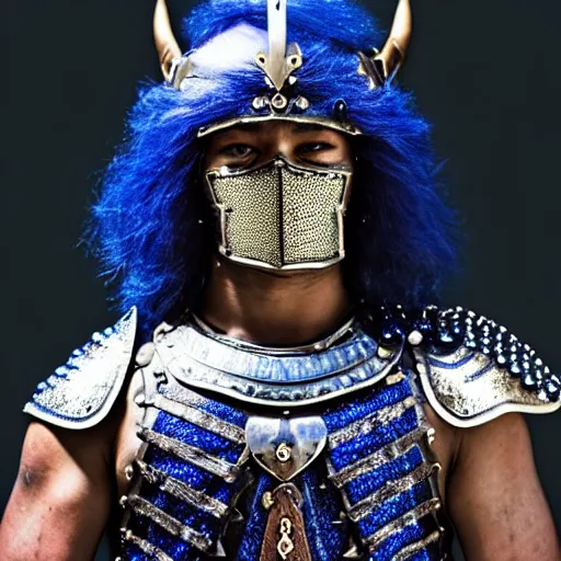 Prompt: photo of a real-life beautiful warrior with sapphire encrusted armour