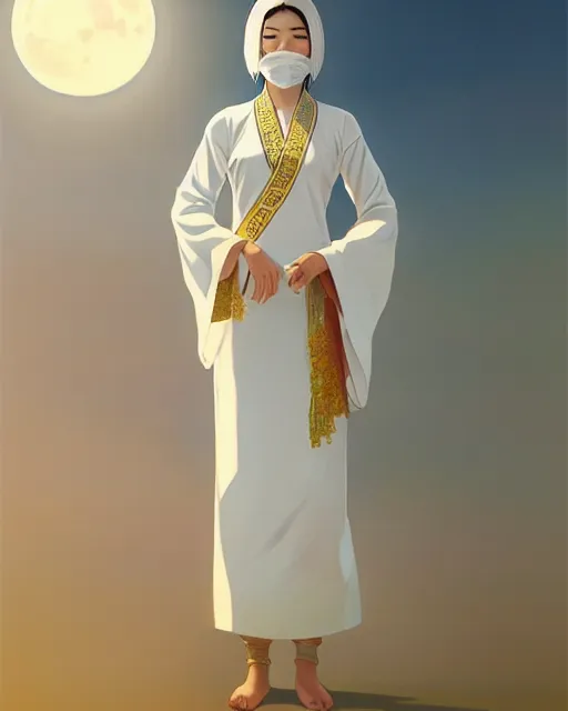 Image similar to asian female, white cloth mask wearing traditional ao dai, full moon on the sky, a ultra detailed beautiful panting by ilya kuvshinov, greg rutkowski and makoto shinkai, trending on artstation