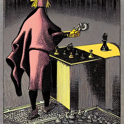 Image similar to a person with a chess piece for a head, by moebius