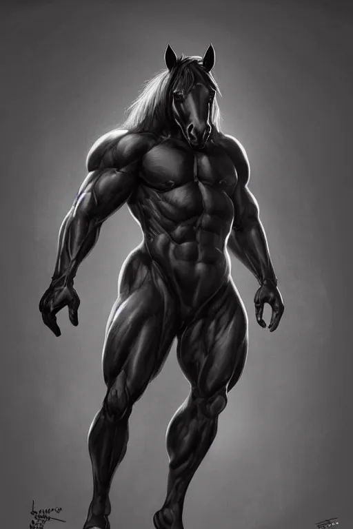 Image similar to an enormously muscular black - coated anthro horse at a research facility wearing skintight body armor, highly detailed, digital painting, artstation, concept art, illustration, art by artgerm, greg rutkowski, wlop