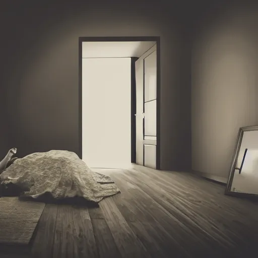 Image similar to hyper realistic photo of a room, with a tall black silhouette of a person, standing in front of a person sleeping in bed, at night