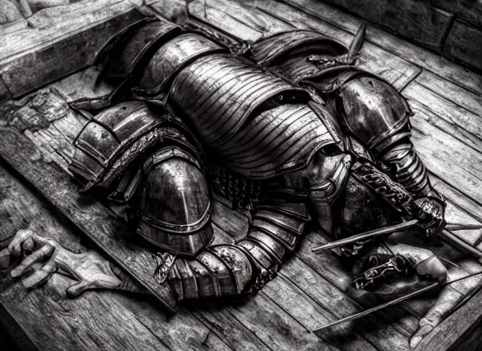 Prompt: a beautiful composition detailed photograph of a dead poisoned armored knight paladin lying in a wooden bed in a cell in a dungeon.