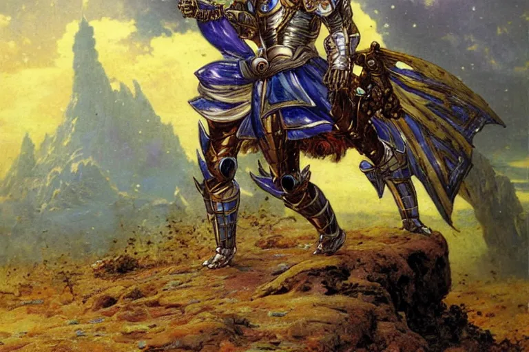 Image similar to portrait of prince vegeta in a battle damaged armor on planet namek. art by gaston bussiere.