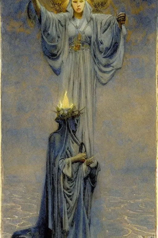 Image similar to queen of the fog with her lantern by Annie Swynnerton and Nicholas Roerich and jean delville, strong dramatic cinematic lighting , ornate headdress , flowing robes, lost civilizations, smooth, sharp focus, extremely detailed