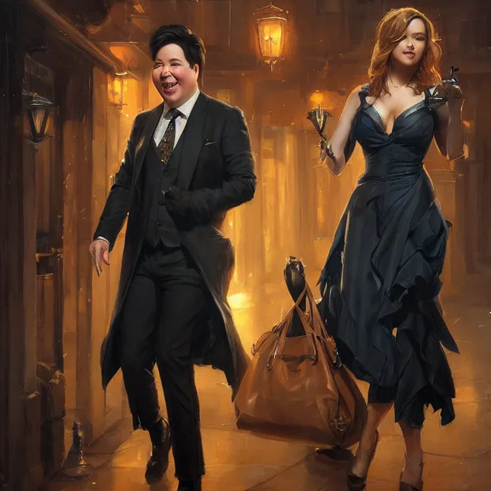 Image similar to portrait of michael mcintyre leaving a bar holding a singing waitress, elegant, real life skin, intricate artwork, high detailed, artstation, concept art, smooth, sharp focus, art by artgerm and greg rutkowski