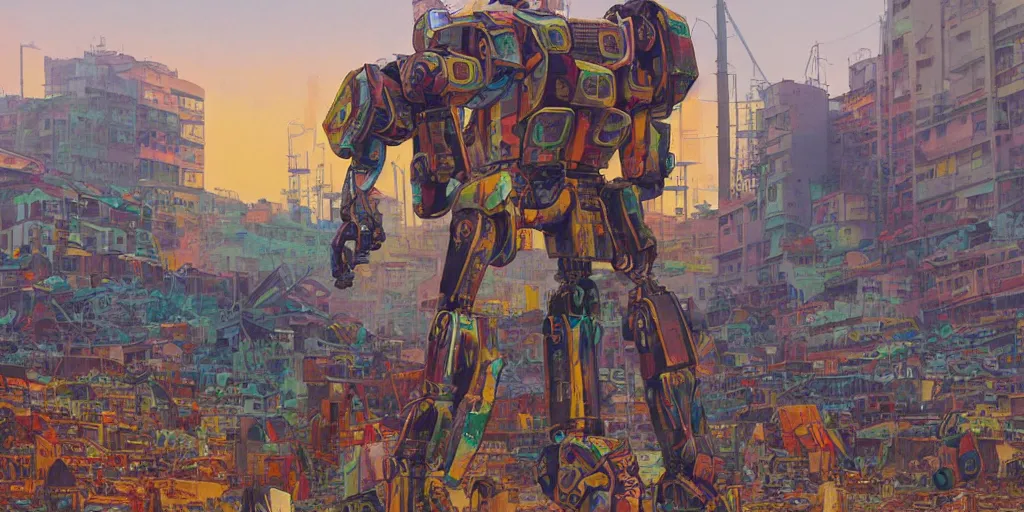 Image similar to colourful - damaged - giant mecha ROBOT of AJEGUNLE SLUMS in Lagos, markings on robot, Golden Hour, painting by Hsiao-Ron Cheng,