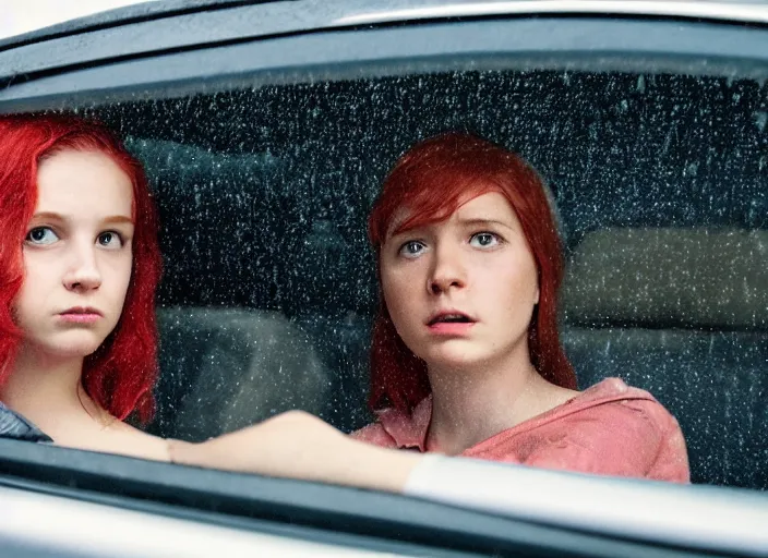 Image similar to A very high resolution image from a new movie, inside of a car, teen red hair woman, raining, hot, directed by wes anderson