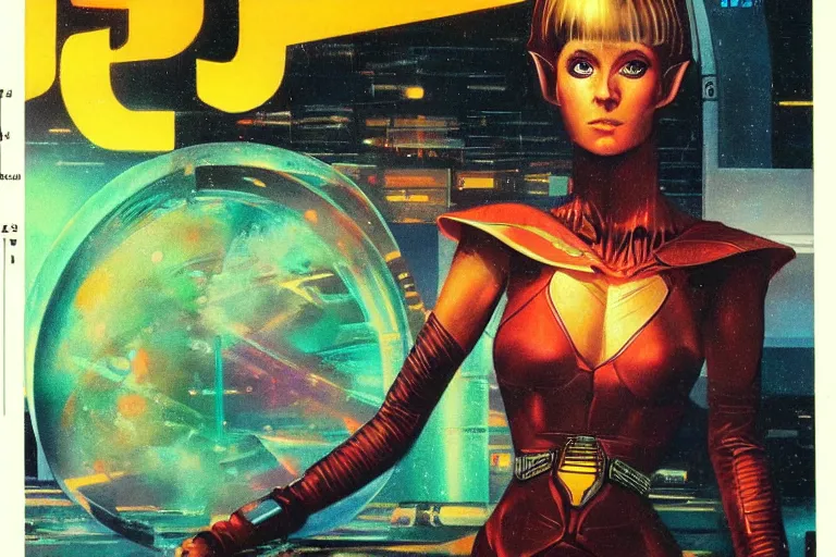 Image similar to 1979 OMNI Magazine Cover of a lady elf. in cyberpunk style by Vincent Di Fate