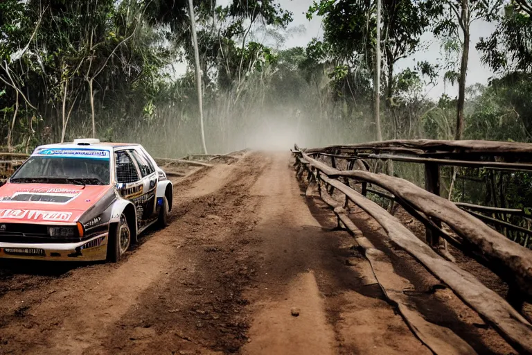 Prompt: a group B rally car driving around over a wooden bridge in the Cambodian swamps, high-speed sports photography