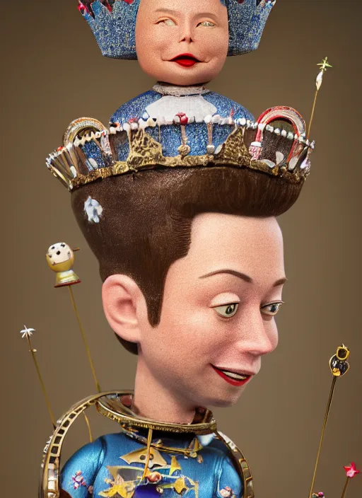 Image similar to closeup face profile portrait of tin toy elon musk as a fairytale prince wearing a crown eating cakes, depth of field, zeiss lens, detailed, symmetrical, centered, fashion photoshoot, by nicoletta ceccoli, mark ryden, lostfish, breathtaking, 8 k resolution, extremely detailed, beautiful, establishing shot, artistic, hyperrealistic, octane render