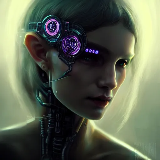 Image similar to cyberpunk robotic dark elvish queen, diadem on the head, black tears, extremely detailed, hyperrealistic, intricate, soft light, fantasy, digital painting, art station, perfect faces, fine details, by wlop