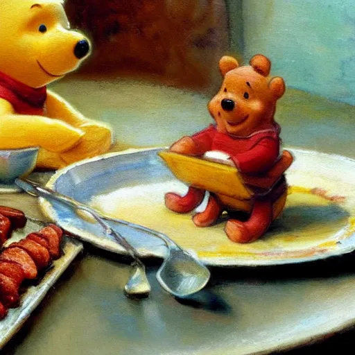 Image similar to close up of winnie the pooh with a plate of sausages and bacon, cinematographic shot, by daniel f. gerhartz