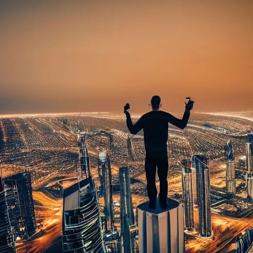 Image similar to closeup of a man [ standing on the pinnacle of the burj khalifa ]!!, holding a camera, viewing out into a futuristically adequate city, dusk atmosphere, digital art, [ synthwave style ]!!, golden ratio!!, centered!!