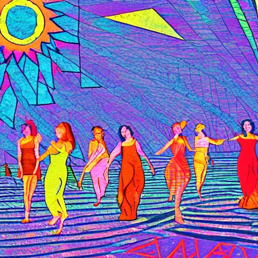 Prompt: the women gathered by the river to dance as the sun set , high quality digital art in the style of Bauhaus,