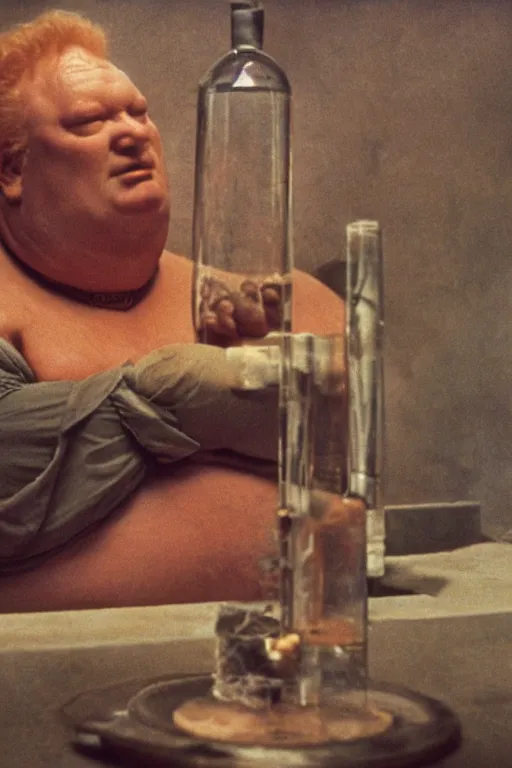 Prompt: the baron harkonnen floating in a laboratory on guidi prime, colour painting by normal rockwell, dune movie 1982