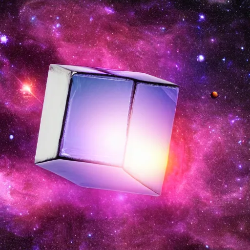 Image similar to an 11 dimensional cube floating in space in front of a violet galaxy with specs of stellar dust shining in the backness