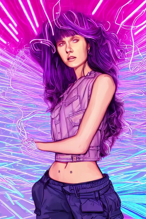 Image similar to a award winning half body portrait of a beautiful woman with stunning eyes in a croptop and cargo pants with ombre purple pink teal hairstyle and hands in pockets by thomas danthony, surrounded by whirling illuminated lines, outrun, vaporware, shaded flat illustration, digital art, trending on artstation, highly detailed, fine detail, intricate