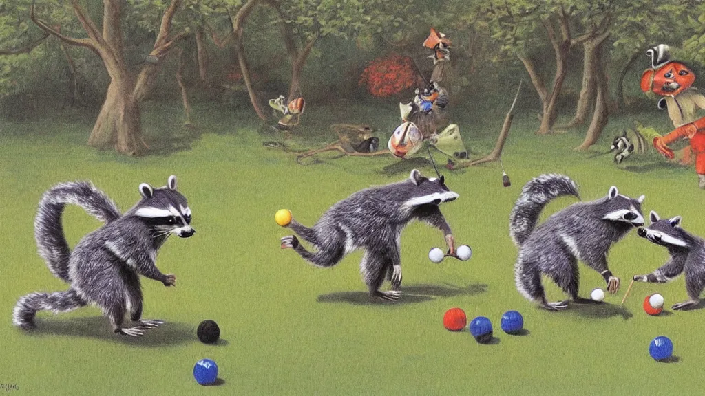 Prompt: raccoons playing croquet by Cassius Coolidge