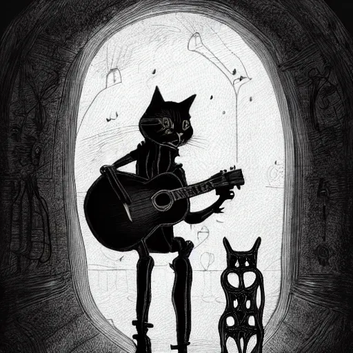 Image similar to skeleton wearing headphones, watching girl playing guitar while her black cat standing next to her, detailed intricate ink illustration, dark atmosphere, detailed illustration, hd, 4k, digital art, overdetailed art, by greg rutkowski, by loish, complementing colors, Trending on artstation